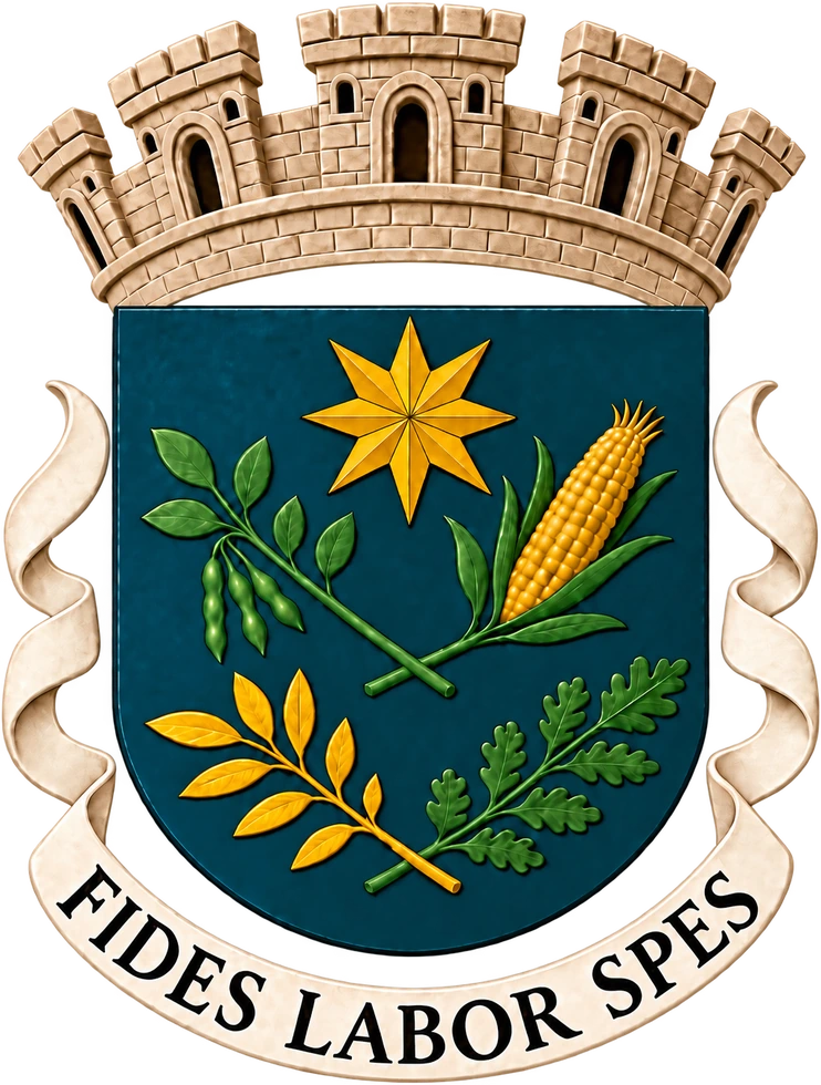 Brasão de Boa Esperança do Norte: escudo português de azul com estrela de oito pontas de ouro, ramos de soja, milho, oliveira e carvalho em aspa, coroa mural de cinco torres de prata e listel com a divisa FIDES LABOR SPES